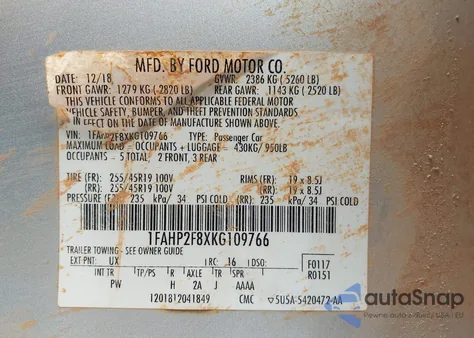 2019 z USA, uszkodzony, nr VIN 1FAHP2F8XKG109766